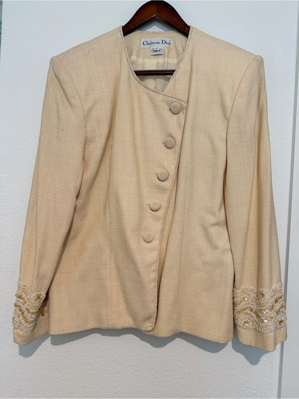Dior Beige Embellished sequin lace Jacket and Skirt set size 16